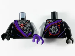 Torso Robe with Dark Purple Hem and Silver Robot Armor, Hose and Red Circle in Center, Saw Blade on Back Pattern / Flat Silver Arm Left / Black Arm Right / Dark Purple Hand Left / Black Hand Right