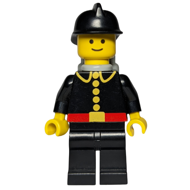 Lego Fireman, Classic, Black Fire Jacket with Red Belt and Buttons, Black Helmet, Airtanks