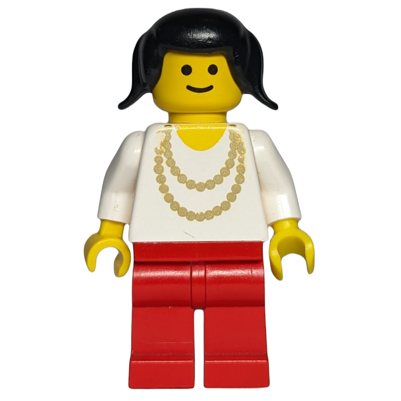 Lego Woman, White Shirt with Gold Necklace, Red Legs, Black Hair