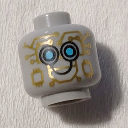 Lego Minifig Head Robot, Gold Circuitry, Medium Blue Eyes print [Hollow Stud] / Light Bluish Gray