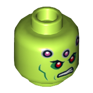 Lego Minifig Head Brainiac, Red Eyes, Green Cheek Lines, Dark Pink Circles and Scowl Print [Hollow Stud] / Lime