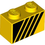 Brick 1 x 2 with Black Triangle and 4 Stripes Leaning Right / Yellow