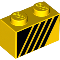 Lego Brick 1 x 2 with Black Triangle and 4 Stripes Leaning Right / Yellow
