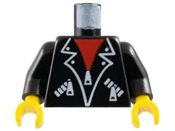 Torso Leather Jacket with White Lapel Outlines, Pockets and Zippers over Red Shirt Pattern / Black Arms / Yellow Hands