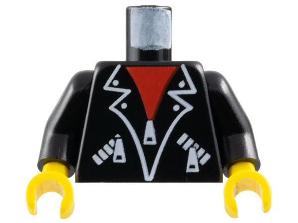 Lego Torso Leather Jacket with White Lapel Outlines, Pockets and Zippers over Red Shirt Pattern / Black Arms / Yellow Hands