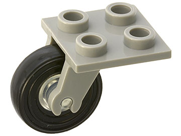 Lego Plate, Modified 2 x 2 Thin with Plane Single Wheel Holder and Trans-Clear Wheel with Black Tire 14mm D. x 4mm Smooth Small Single (2415 / 3464c01)