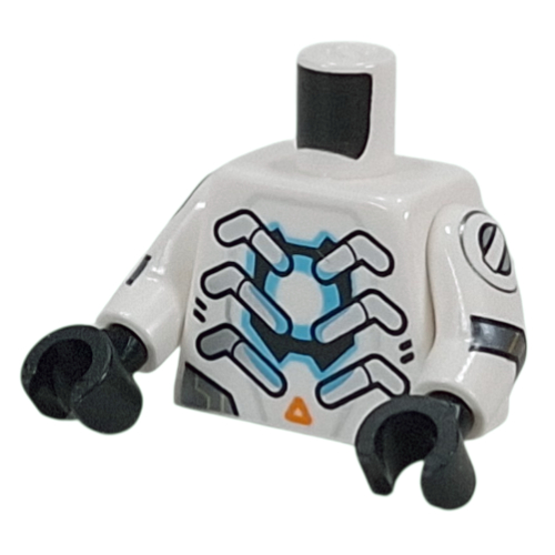 Lego Torso, Silver Metal Ribs, Armor Plating, Blue Reactor, Orange Triangle, Black Scales on Back print, White Arms, Black Hands / White