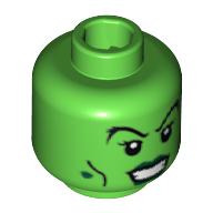 Lego Minifig Head Witch, Dark Green Lips and Warts, Black Cheek Lines and Female Eyelashes Print [Blocked Open Stud] / Bright Green