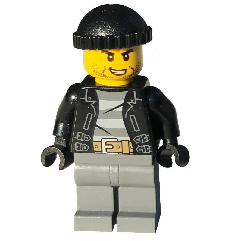 Lego Criminal, Open Black Jacket over Prison Shirt, Dark Bluish Grey Legs, Black Hat, Stubble