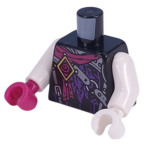 Lego Torso, Odd Hands, Magenta Sash, Silver Straps/Armor, Dark Purple Features, Bright Light Yellow Badge print, White Arms, Left White Hand, Right Magenta Hand / Black