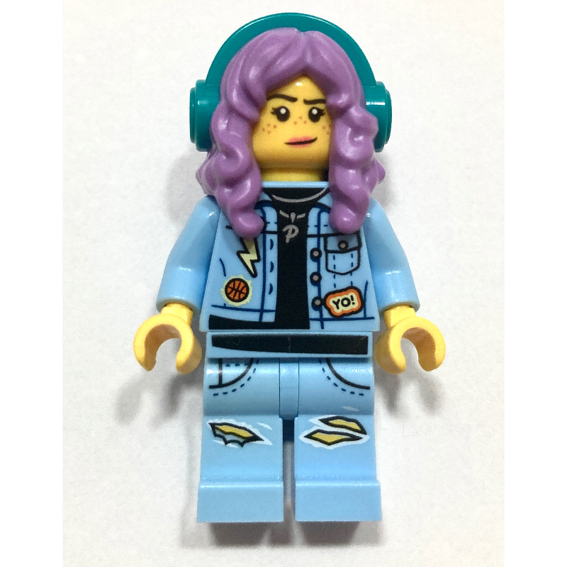 Lego Parker L. Jackson, Bright Light Blue Denim Jacket, Medium Lavender Hair with Headphones, Angry / Smirk