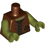 Lego Torso Vest Tattered with Laces and Patch over Dark Brown Shirt Print, Olive Green Arms and Hands / Reddish Brown