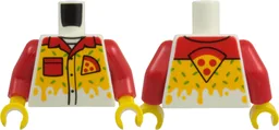 Torso Shirt with Red Collar and Pocket, Black Buttons, Pepperoni Pizza Slice, Bright Light Orange Cheese Drips, and Bright Green Marks Pattern / Red Arms / Yellow Hands / White