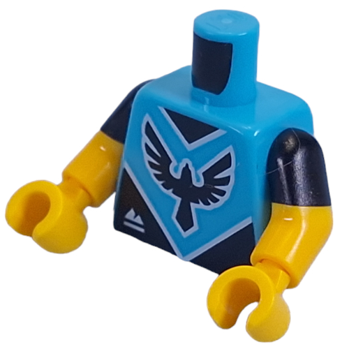 Lego Torso, Dual Molded Arms, Black/White Falcon Logo, 'VITA RUSH' on Back print, Black Sleeves Pattern, Yellow Arms and Hands / Medium Azure