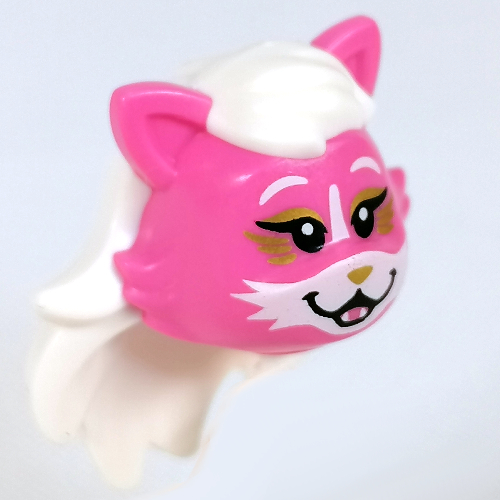 Lego Minifig Head Special, Cat with White Hair, Gold Decorations, White Face print (Kitten K-Pawp) / Dark Pink