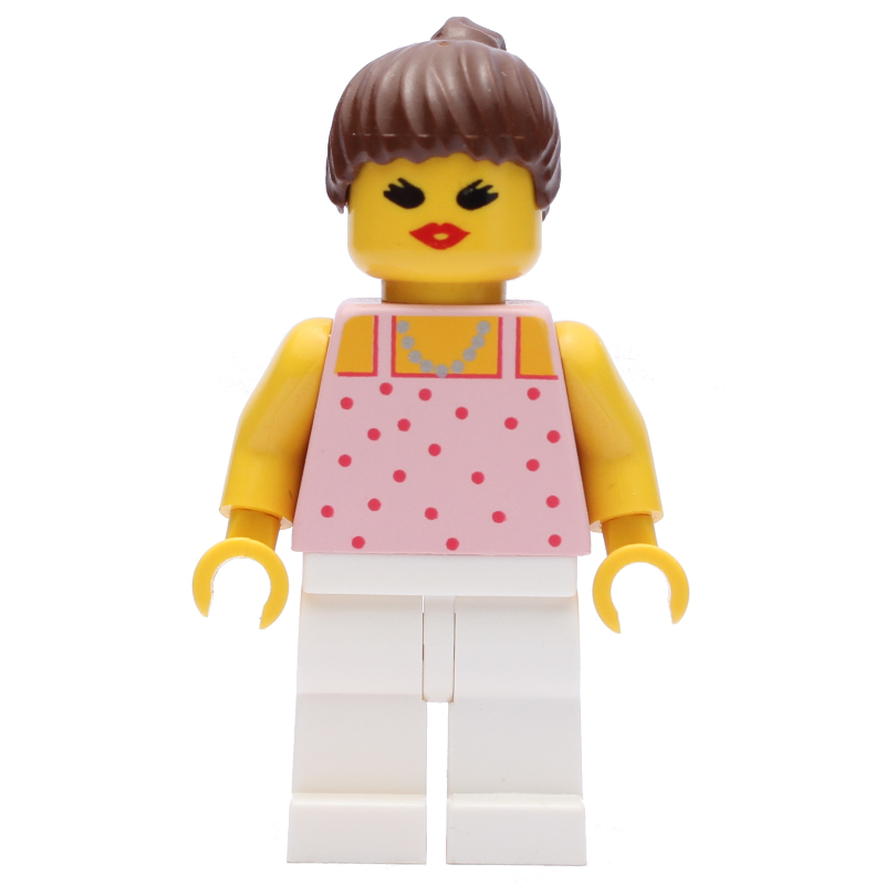 Lego Woman, Pink Top with Spots, White Legs, Brown Hair - Open Mouth