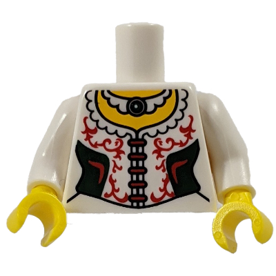 Lego Torso Corset, Dark Green Side Panels, Red Lace, Trim, White Necklace with Black Pendant Print, White Arms, Yellow Hands / White