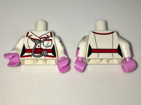 Lego Torso Batman Female Outline with Red Trim and Belt, Stethoscope and Pockets Pattern / White Arms with Stripes and Pink Glove Cuffs / Bright Pink Hands