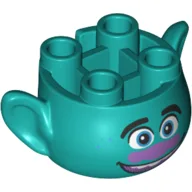 Minifig Head Special, with Ears and 4 Studs on Top, with Face with Medium Lavender Nose and Open Mouth Smile Print (Branch) / Dark Turquoise