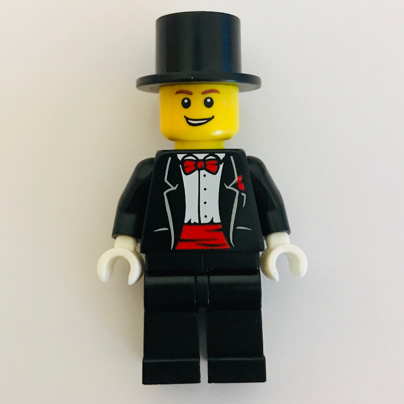 Lego Groom, Black Tuxedo with Red Bow Tie and Cummerbund, Top Hat