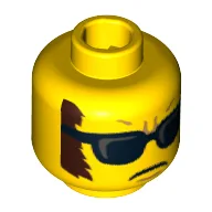 Minifig Head Saxophone Player, Sunglasses, Closed Mouth, Dark Brown Sideburns Print [Hollow Stud] / Yellow