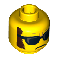Lego Minifig Head Saxophone Player, Sunglasses, Closed Mouth, Dark Brown Sideburns Print [Hollow Stud] / Yellow