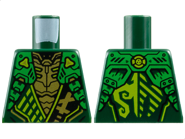 Lego Torso Armored Tunic with Bright Green Shoulder Panels, Lime Trim and Gold Ninjago Logogram Letter L over Chest Armor, Energy Dragon Logo on Back Pattern