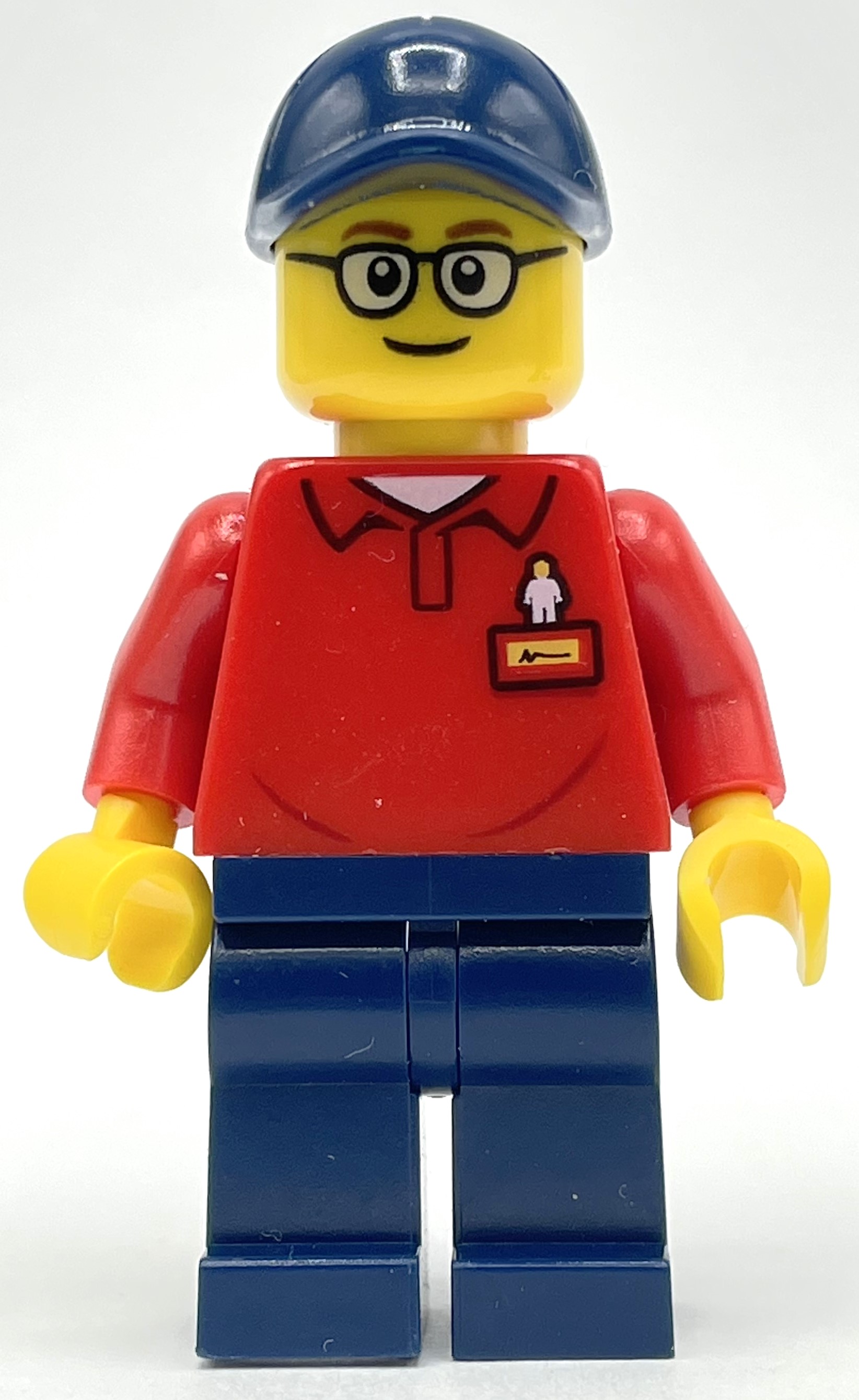 Lego LEGOLAND Employee, Red Torso, Dark Blue Legs, Dark Blue Cap, Glasses