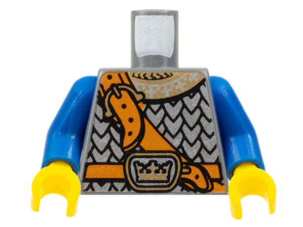 Lego Torso Silver Scale Mail Armor with Ornate Gold Collar, Dark Orange Shoulder Strap and Belt, Buckle with Crown Pattern / Blue Arms / Yellow Hands