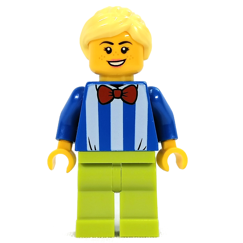 Lego Blue Torso with White Stripes, Lime Legs, Bright Light Yellow Hair