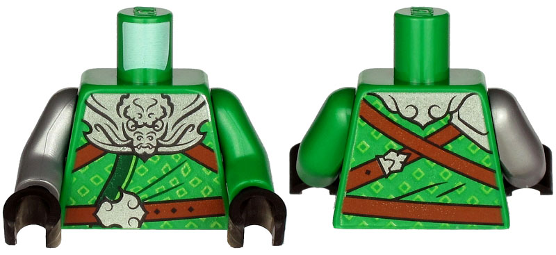 Lego Torso Armor, Silver Plate with Dragon Head over Robe and Reddish Brown Straps Pattern / Green Arm Left / Flat Silver Arm Right / Black Hands