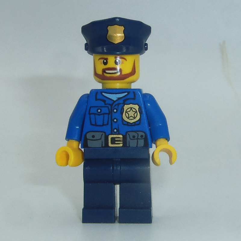Lego Policeman, Blue Shirt with Badge and Pouches, Dark Blue Legs, Dark Blue Police Hat with Badge, Beard