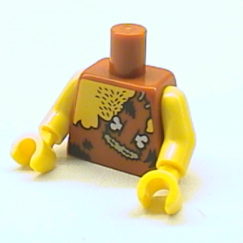 Lego Torso Chest Hair and Animal Skin Top with Bone and 2 Stitches Print, Yellow Arms and Hands / Dark Orange
