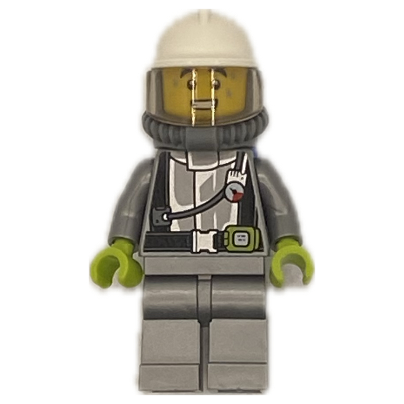Lego Firefighter, Silver Fire Suit, White Helmet with Visor, Blue Airtanks