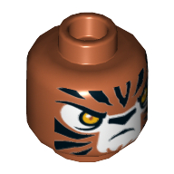 Lego Minifig Head Tazar, Tiger with Orange Eyes, White Face and Black Stripes Print [Hollow Stud] / Dark Orange
