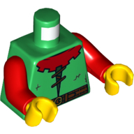 Lego Torso Tunic, Forestman, Red Collar, Dark Brown Laces and Belt Print, Red Arms, Yellow Hands / Green