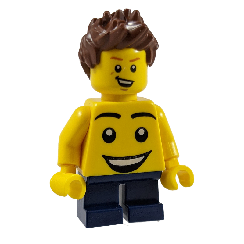 Lego Kid - Yellow Torso, Dark Blue Legs, Reddish Brown Hair