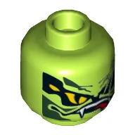 Minifig Head Lasha, Yellow Snake Eyes and Mouth with Fangs and Teeth Print [Hollow Stud] / Lime