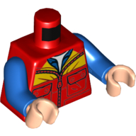 Lego Torso Jacket with Yellow Stripe, Zipper, Pockets, Blue Undershirt Print, Blue Arms, Light Nougat Hands / Red