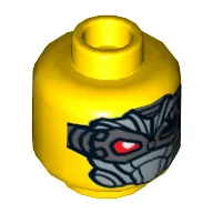Minifig Head Psyclone, Dual Sided, Red Eye, Silver Eyepatch / Silver Mask Print [Hollow Stud] / Yellow