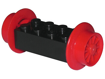 Lego Brick, Modified 2 x 4 with Red Wheels, Train Spoked Small (23mm D.) and Red Pins (4180 / wheel3 / 2344)