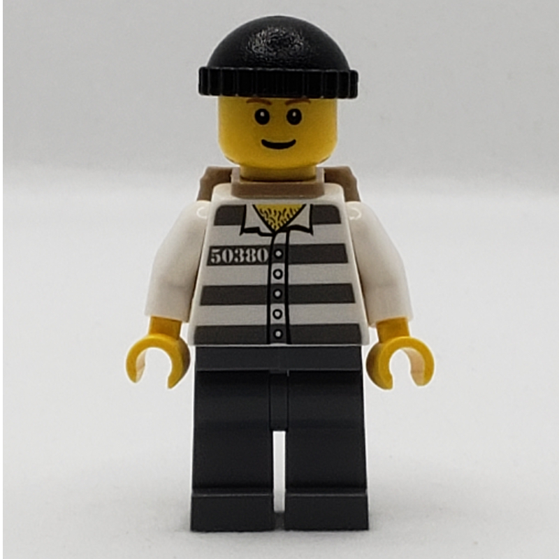 Lego Criminal, Prison Shirt with #50380, Dark Bluish Gray Legs, Black Hat and Dark Tan Back Pack (3626bpr0387 Head)