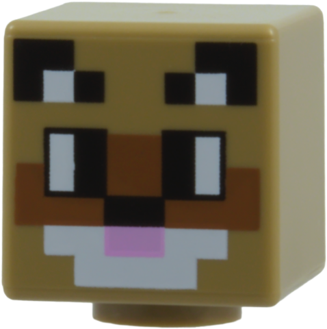 Lego Minifigure, Head, Modified Cube with Pixelated Black and White Eyes and Ears, Medium Brown Face, and Pink Mouth Pattern (Minecraft Racoon Adventurer)