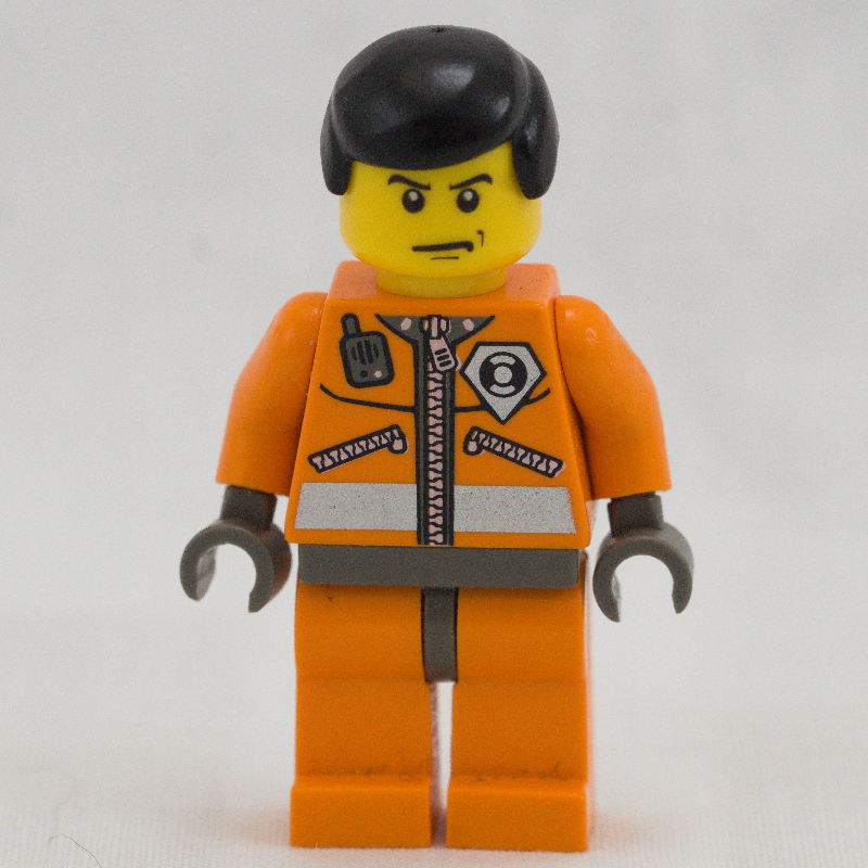 Lego Coast Guard, Orange Jumpsuit with Zipper, Radio, and Badge, Black Hair