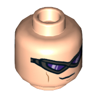 Lego Minifig Head Hawkeye, Pearl Titanium Goggles, Dark Purple Lenses, Small Grin / Gritted Teeth Print / Light Nougat