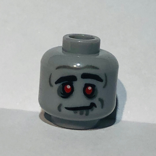 Lego Minifig Head Zombie, Red Eyes, Eyebrows, Silver Lines, Crooked Smile Print / Light Bluish Gray