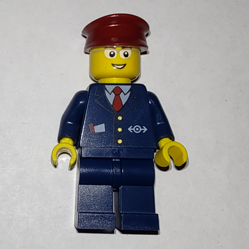 Lego Train Worker - Dark Blue Torso, Dark BLue Legs, Dark Red Hat