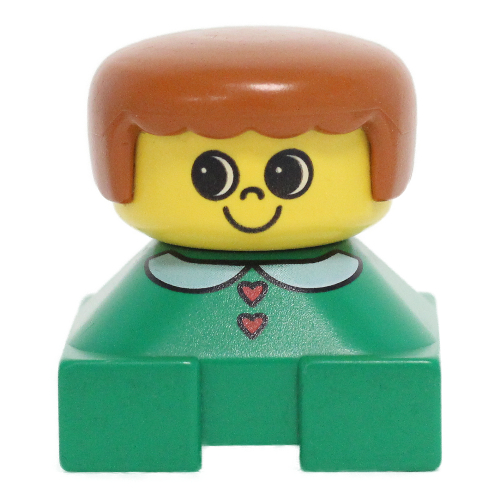 Lego Duplo 2 x 2 x 2 Figure Brick, Rounded Bangs, Dark Orange Hair, Collar, Hearts Print / Green