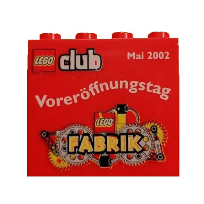 Lego Brick 2 x 4 x 3 with 'LEGO club Mai 2002 Voreröffnungstag LEGO FABRIK ' Print / Red