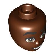 Lego Minidoll Head Thick Black Eyebrows, Open Mouth Smile, Teeth print / Reddish Brown